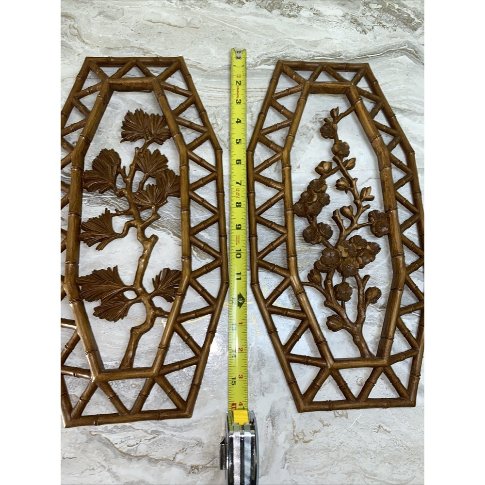 Vtg SYROCO Pair Bamboo Floral Wall Plaques Dart 7412 A & B Homco Retro MCM Boho - Picture 12 of 12